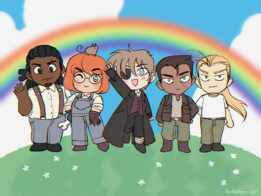L to R: Jack Carson, Diesel (mouse), Maddie Beringer, Petra Raskoph, John Sykes, Remy Kell (characters all from Iron Company, my visual novel project)