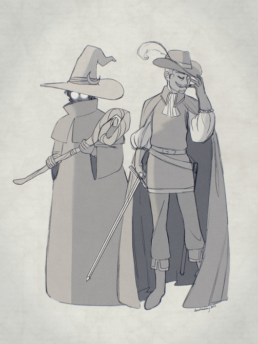 Alastor Sedgwick and Viktor Raskoph (characters from Iron Company, my visual novel project) cosplaying Black Mage and Red Mage (Final Fantasy series)